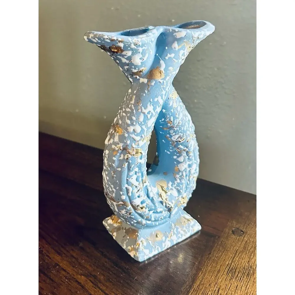 Mid-century modern blue splatter paint vase for double stems with white and gold